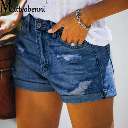 Women Vintage High Waisted Ripped-Rolled Denim Shorts