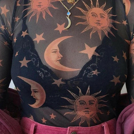 Women Sun Moon Printed Transparent Sexy T-Shirt