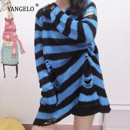 Bivigaos Women's Shop Blue / One Size Women Long Gothic Striped Hollow Out Sweater