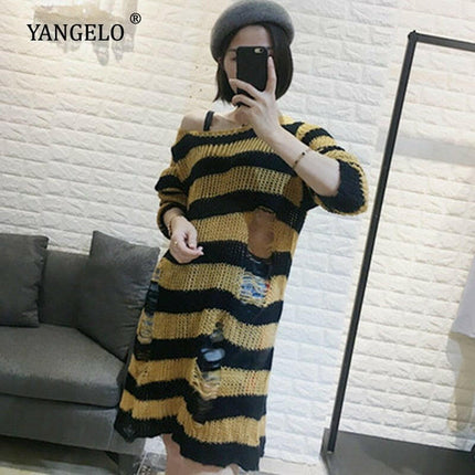 Bivigaos Women's Shop Gold / One Size Women Long Gothic Striped Hollow Out Sweater