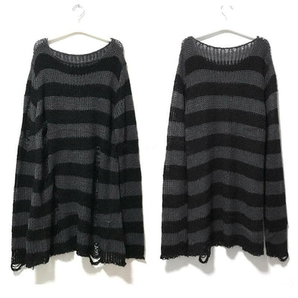 Bivigaos Women's Shop Gray / One Size Women Long Gothic Striped Hollow Out Sweater