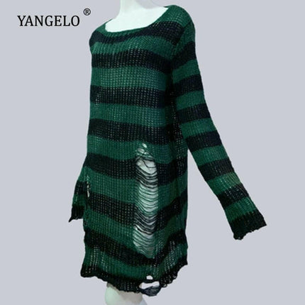 Bivigaos Women's Shop Green / One Size Women Long Gothic Striped Hollow Out Sweater