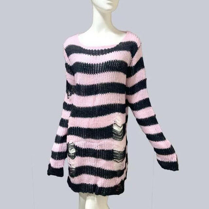 Bivigaos Women's Shop Pink / One Size Women Long Gothic Striped Hollow Out Sweater