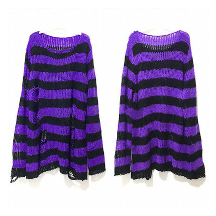 Bivigaos Women's Shop Purple / One Size Women Long Gothic Striped Hollow Out Sweater