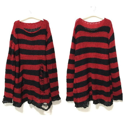 Bivigaos Women's Shop Red / One Size Women Long Gothic Striped Hollow Out Sweater