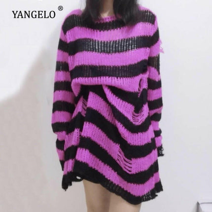Bivigaos Women's Shop Rose Red / One Size Women Long Gothic Striped Hollow Out Sweater