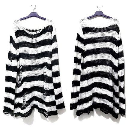 Bivigaos Women's Shop White / One Size Women Long Gothic Striped Hollow Out Sweater