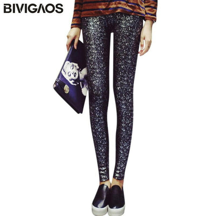 Bivigaos Women's Shop Women Thick Elastic Personality Gold Stamp Pencil Leggings