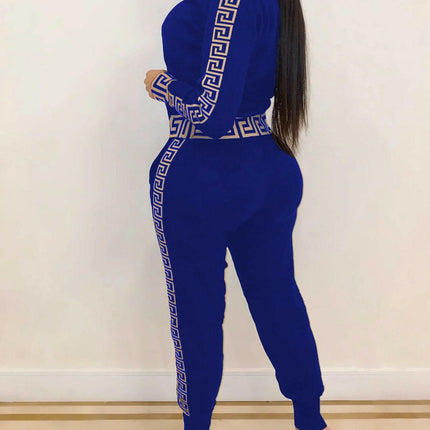 Boho Girl Women's Shop Blue / S Women Elegant Two-Pieces Suit Sets Tracksuits Plus Size Greek Fret Print Coat & Pant Zip Sets