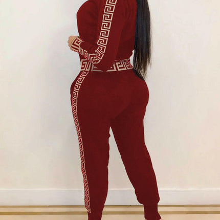 Boho Girl Women's Shop Red / S Women Elegant Two-Pieces Suit Sets Tracksuits Plus Size Greek Fret Print Coat & Pant Zip Sets