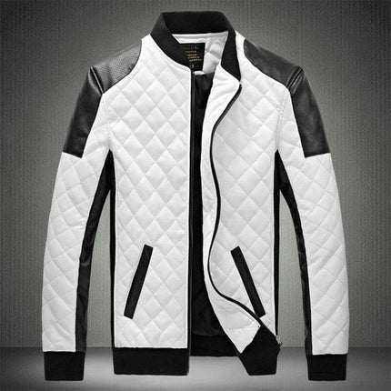 Favocent Men's Fashion White / M Men Stand Collar Casual Leather Patchwork Motorcycle Jacket