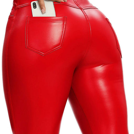 FITTOO Women's Shop Back Pockets Red / S Women's Velvet Leather Pocket Pencil Leggings Women's Velvet Leather Leggings Pencil Pants