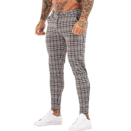 Men Chino Stretch Slim Fit Plaid Pants - Men's Fashion Mad Fly Essentials