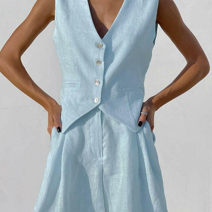 Hirigin Women's Shop Blue / S Women Summer White Elegant Linen Vacation Outfits Vest Tops Pants 2pc Set