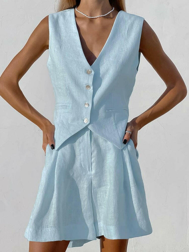 Hirigin Women's Shop Blue / S Women Summer White Elegant Linen Vacation Outfits Vest Tops Pants 2pc Set