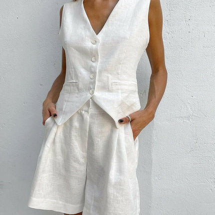 Hirigin Women's Shop White / S Women Summer White Elegant Linen Vacation Outfits Vest Tops Pants 2pc Set