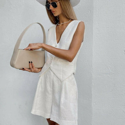 Hirigin Women's Shop Women Summer White Elegant Linen Vacation Outfits Vest Tops Pants 2pc Set