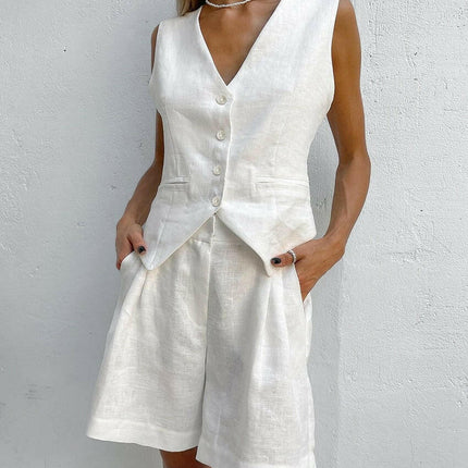 Hirigin Women's Shop Women Summer White Elegant Linen Vacation Outfits Vest Tops Pants 2pc Set