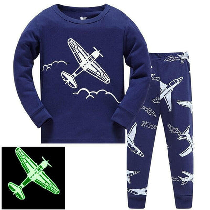 Hooyi Kids Shop TB637 navy blue / 5T Boy Luminous Airplane Dinosaur Pajama Set