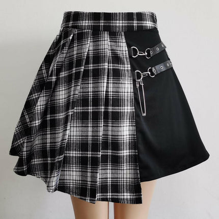 InsGoth Women's Shop A02 black / XS Women Short Pleated Plaid Side Button Casual Mini Skirt