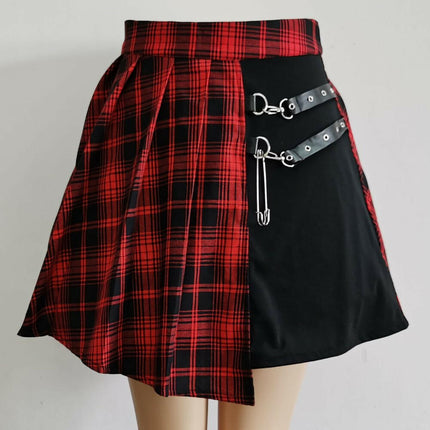 InsGoth Women's Shop A02 red / XS Women Short Pleated Plaid Side Button Casual Mini Skirt