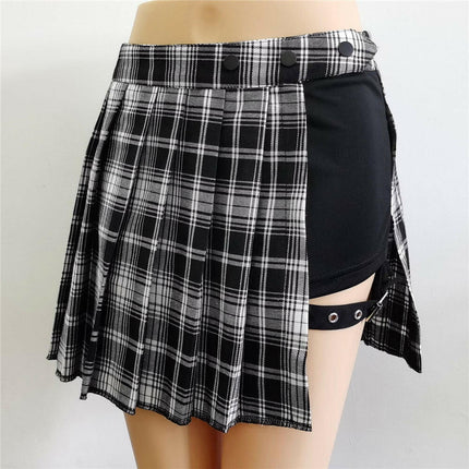InsGoth Women's Shop black plaid / XS Women Short Pleated Plaid Side Button Casual Mini Skirt