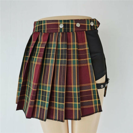 InsGoth Women's Shop green plaid / XS Women Short Pleated Plaid Side Button Casual Mini Skirt