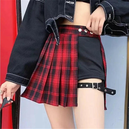 InsGoth Women's Shop red / XS Women Short Pleated Plaid Side Button Casual Mini Skirt