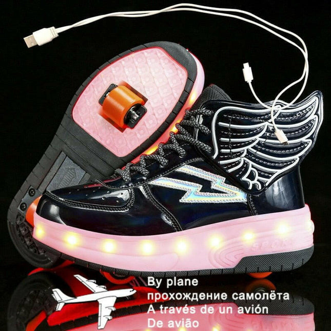 Kids Luminous Black Blue Roller Skate Shoes LED Boys USB Sneakers - Kids Shop Mad Fly Essentials