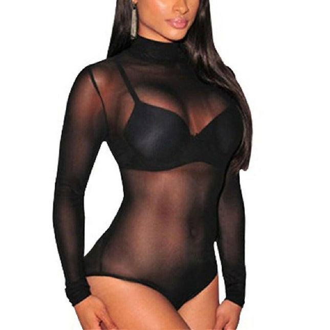 Mad Fly Essentials 0 A / S Sexy Women T Shirt See Through Mesh Black Long Sleeve Bodysuit Sheer Slim Turtleneck Tulle Crop Top T-Shirt Transparent Clubwear