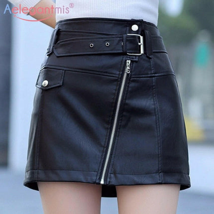 Mad Fly Essentials 0 Aelegantmis Spring Summer New Slim High Waist Women Leather Skirt Office Lady Mini Skirt Female Casual A-line Short Skirts