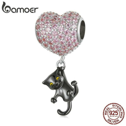 Mad Fly Essentials 0 bamoer Genuine 925 Sterling Silver Hearted-Balloon &amp; Black Cat Charms Pendant Fit for Women Bracelet Making Jewelry Beads Gift