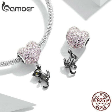 Mad Fly Essentials 0 bamoer Genuine 925 Sterling Silver Hearted-Balloon &amp; Black Cat Charms Pendant Fit for Women Bracelet Making Jewelry Beads Gift
