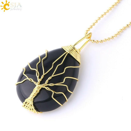 Mad Fly Essentials 0 Black Agate Chain / China Tiger Eye Tree of Life Crystal Necklace Natural Stone Pendant Wire Wrap Rose Crystals Pink Quartz Amethyst Green Aventurine E585
