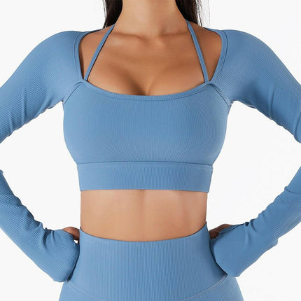 Women Seamless Blue Crop Top Fitness Bra-Set - Women's Shop Mad Fly Essentials