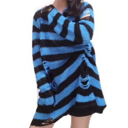 Mad Fly Essentials 0 Blue / One Size Karrcat Women Sweater Gothic Knitted Sweater Long Pullovers Striped Loose Winter Ripped Oversized Sweaters Jumpers Mujer Jersey