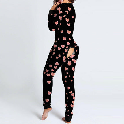 Mad Fly Essentials 0 China / Black / S Sexy Pyjama Women&#39;s Jumpsuit Suit Onesies Button-down Back Butt Bum Open Ass Flap Jumpsuit Heart Print Loungewear Bodysuit