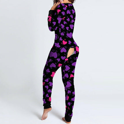 Mad Fly Essentials 0 China / purple / S Sexy Pyjama Women&#39;s Jumpsuit Suit Onesies Button-down Back Butt Bum Open Ass Flap Jumpsuit Heart Print Loungewear Bodysuit