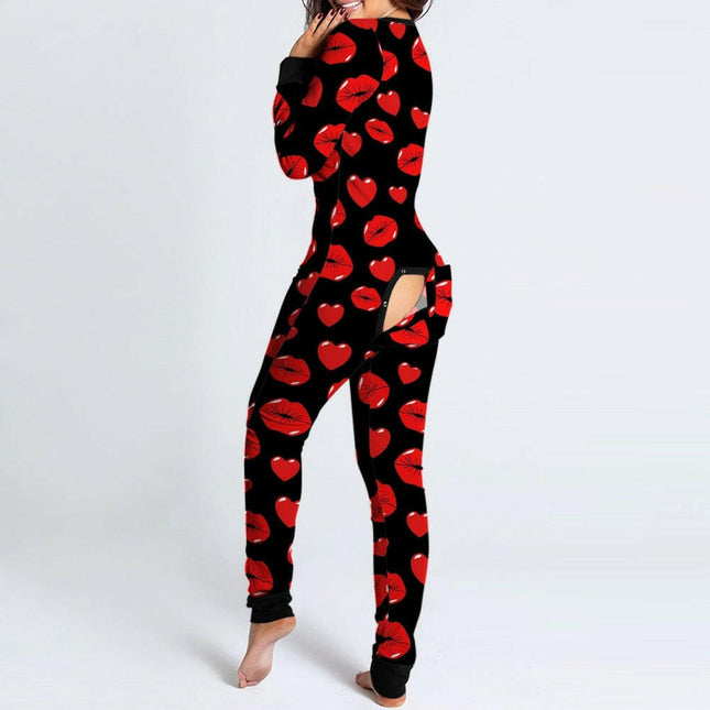 Mad Fly Essentials 0 China / Red / S Sexy Pyjama Women&#39;s Jumpsuit Suit Onesies Button-down Back Butt Bum Open Ass Flap Jumpsuit Heart Print Loungewear Bodysuit