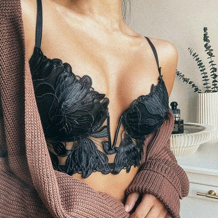Mad Fly Essentials 0 CINOON Sexy French Lace Embroidery Brassiere Lingerie Set Women&#39;s Underwear Set Push Up thin Bralette Deep V Bra and Panty Set
