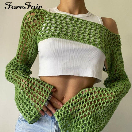 Mad Fly Essentials 0 Forefair 2022 Summer Green Long Sleeve Smock Knitted Crop Top Women Y2k Beach Sexy Backless Hollow Out T Shirts Party Casual