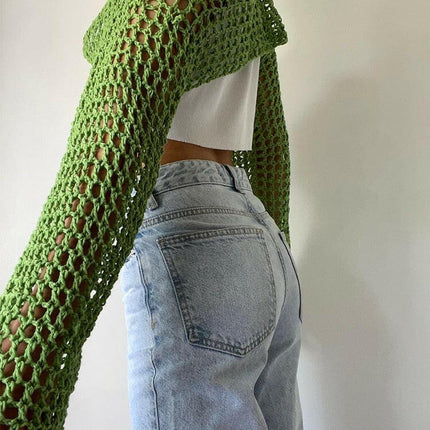 Mad Fly Essentials 0 Forefair 2022 Summer Green Long Sleeve Smock Knitted Crop Top Women Y2k Beach Sexy Backless Hollow Out T Shirts Party Casual