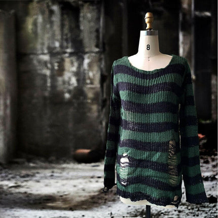 Mad Fly Essentials 0 Green / One Size Karrcat Women Sweater Gothic Knitted Sweater Long Pullovers Striped Loose Winter Ripped Oversized Sweaters Jumpers Mujer Jersey