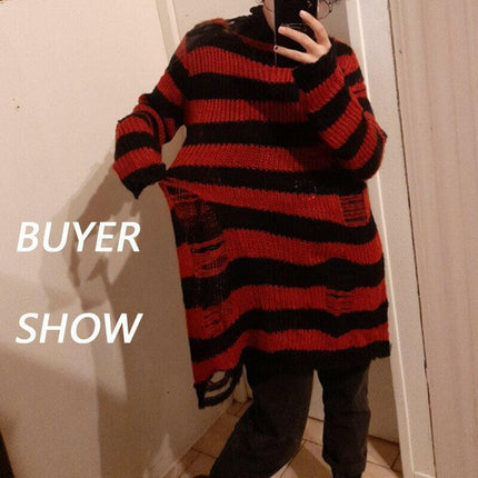 Mad Fly Essentials 0 Karrcat Women Sweater Gothic Knitted Sweater Long Pullovers Striped Loose Winter Ripped Oversized Sweaters Jumpers Mujer Jersey