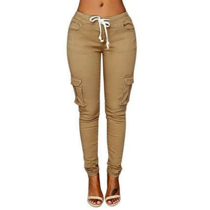 Mad Fly Essentials 0 Khaki / S Ogilvy Mather 2020 Spring Lace Up Waist Casual Women Pants Solid Pencil Pants Multi-Pockets Straight Slim Fit Trousers S-2XL