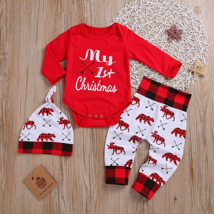 Mad Fly Essentials 0 Lovely Baby Boy My First Christmas Letter Romper Kids T-Shirts Pant Newborn Hat Outfits Girl Xmas Set Autumn Clothing 2PCS Sets