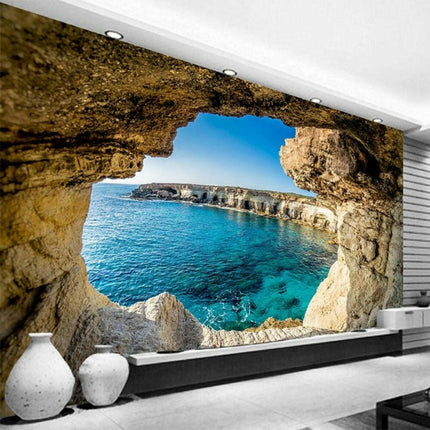 Mad Fly Essentials 0 Non self-adhesive / 1 ㎡ Custom Self-Adhesive Waterproof Mural Wallpaper 3D Cave Seascape Photo Wall Painting Living Room Bathroom Removable Wall Sticker