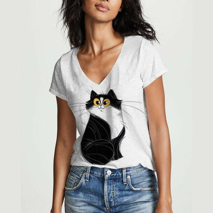 Mad Fly Essentials 0 PDF-3 / XS V-neck Women&#39;s T-shirt Summer 2022 Fashion Print Casual Short Sleeve T shirts Daily Street Hot Sale Cat Graphic Sexy Women Top