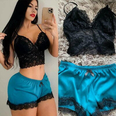 Mad Fly Essentials 0 PeacockBlue / S Women Pajamas Set Two Pieces Set Lace ice silk camisole Summer top sexy Sleeveless Loose Elastic Waist Shorts Women Homewear NEW