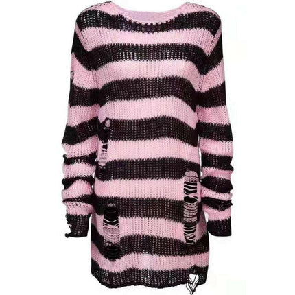 Mad Fly Essentials 0 Pink / One Size Karrcat Women Sweater Gothic Knitted Sweater Long Pullovers Striped Loose Winter Ripped Oversized Sweaters Jumpers Mujer Jersey